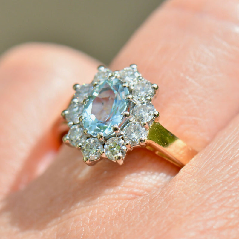 Vintage Aquamarine & Diamond 18ct Gold Halo Engagement Ring (1.35cts)