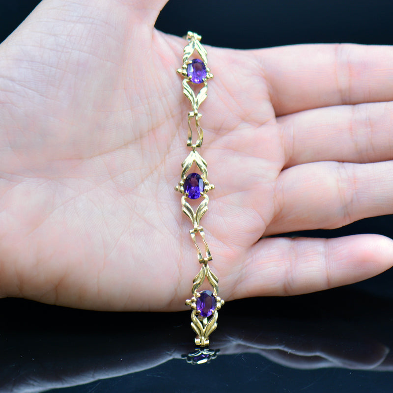 Vintage 9CT Yellow Gold Amethyst Art Nouveau Style Gate Bracelet