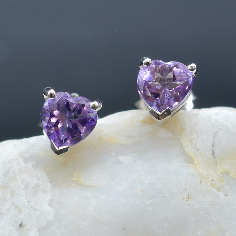 Genuine Rose de France Amethyst Heart-Shaped Sterling Silver Stud Earrings