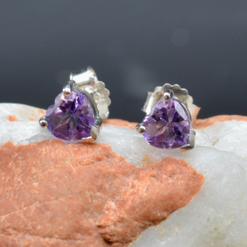 Genuine Rose de France Amethyst Heart-Shaped Sterling Silver Stud Earrings