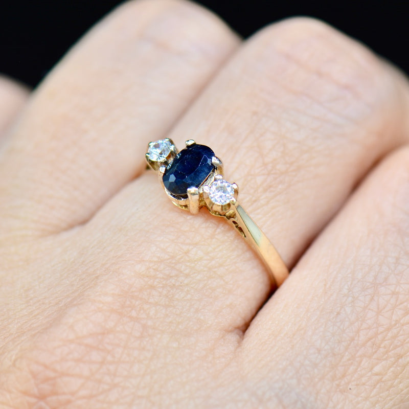 Vintage Sapphire & CZ 9CT Yellow Gold Trilogy Engagement Ring