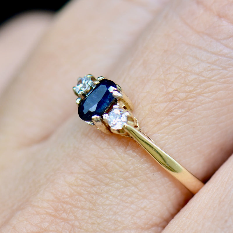 Vintage Sapphire & CZ 9CT Yellow Gold Trilogy Engagement Ring