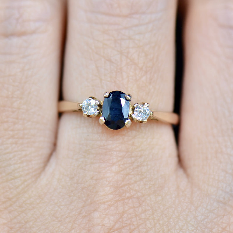 Vintage Sapphire & CZ 9CT Yellow Gold Trilogy Engagement Ring