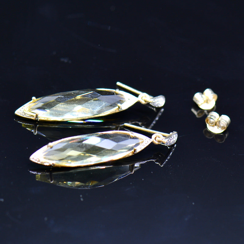 Lemon Quartz & Diamond 9ct Yellow Gold Drop Earrings