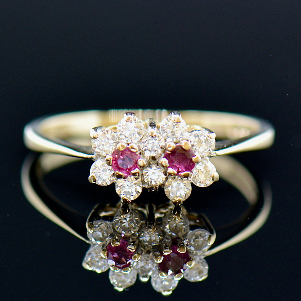 Vintage 1980s Dual-Flower 9CT Gold Ruby Engagement Ring