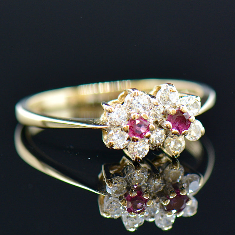Vintage 1980s Dual-Flower 9CT Gold Ruby Engagement Ring