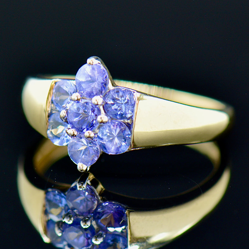 9CT Yellow Gold Tanzanite Flower Floral Cluster Ring