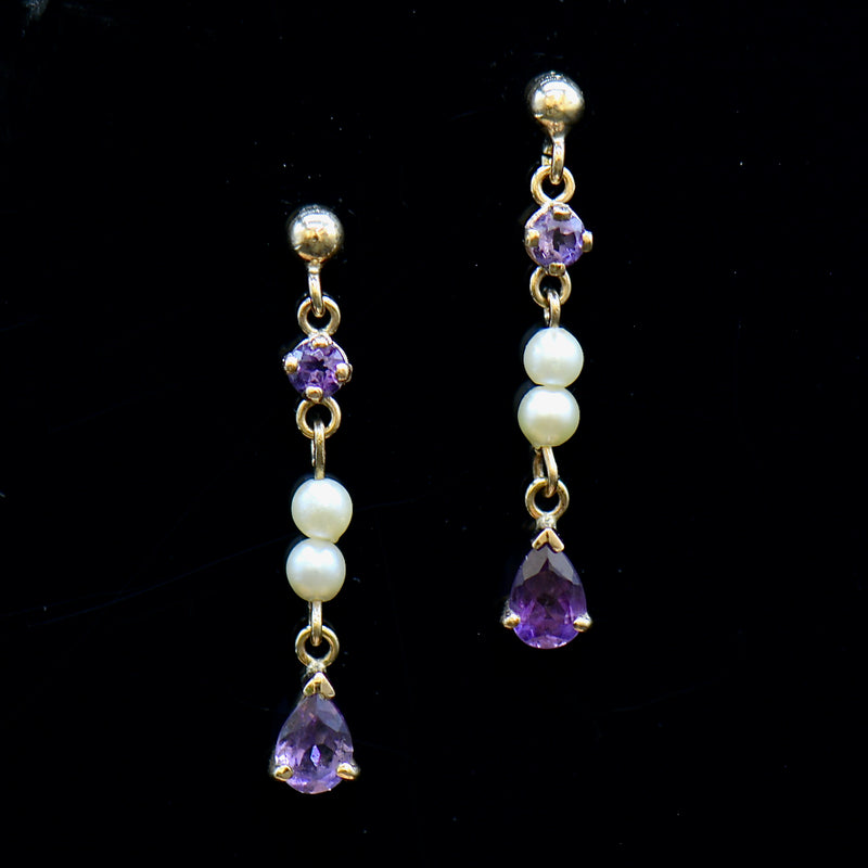 Vintage Amethyst & Seed Pearl Drop Earrings