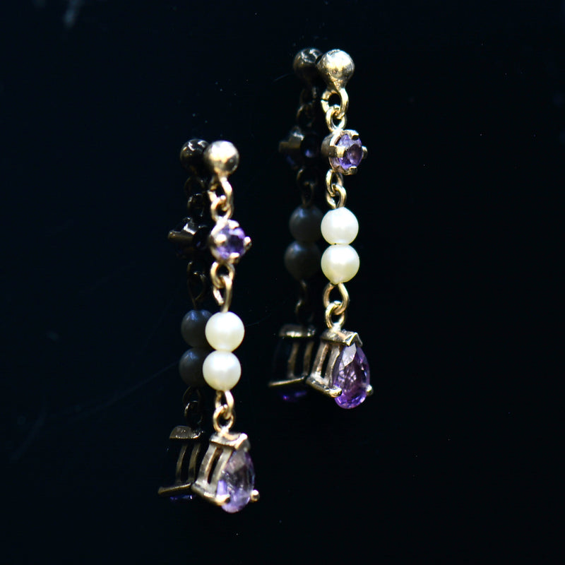 Vintage Amethyst & Seed Pearl Drop Earrings