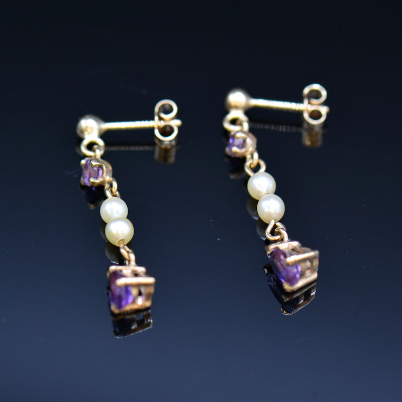 Vintage Amethyst & Seed Pearl Drop Earrings