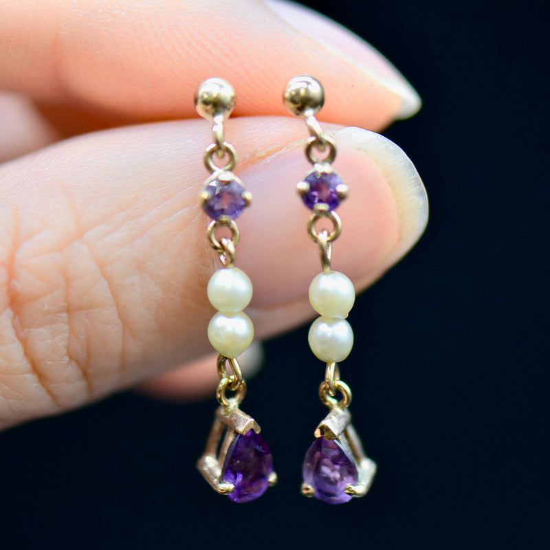 Vintage Amethyst & Seed Pearl Drop Earrings