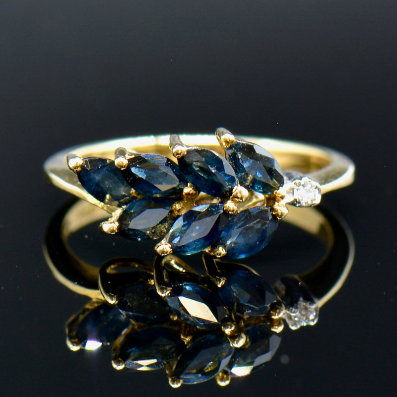 Vintage Blue Sapphire & Diamond Leaf Motif Ring