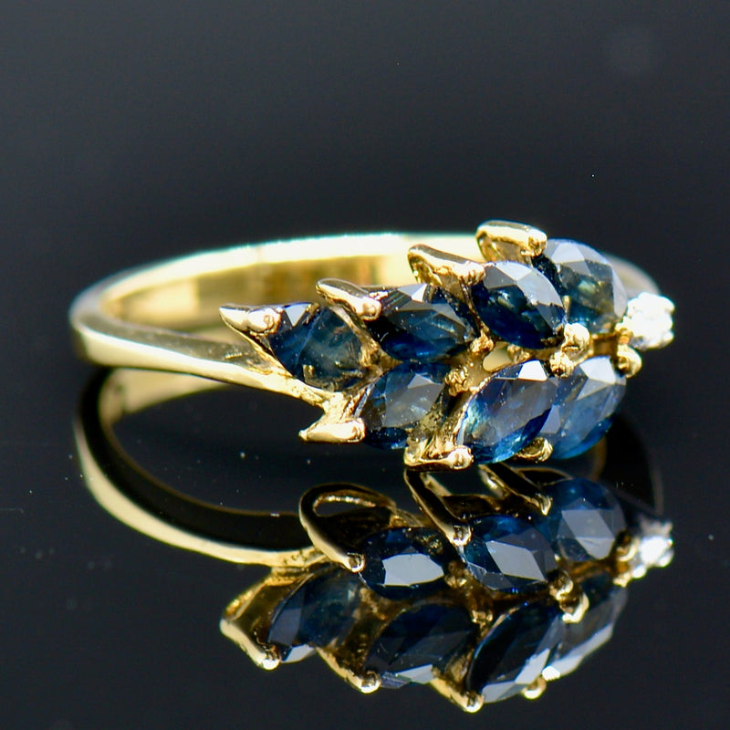 Vintage Blue Sapphire & Diamond Leaf Motif Ring