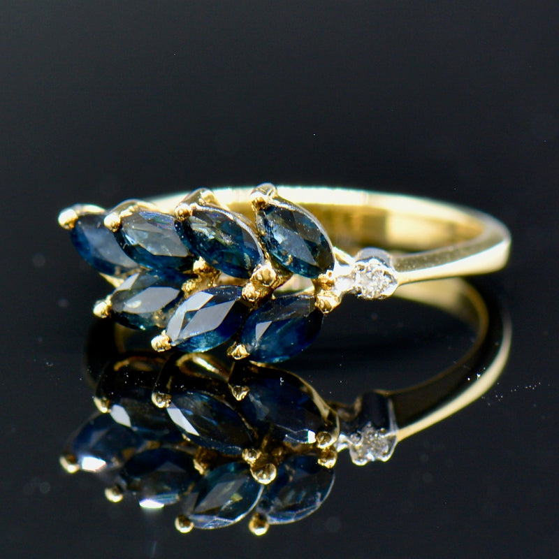 Vintage Blue Sapphire & Diamond Leaf Motif Ring