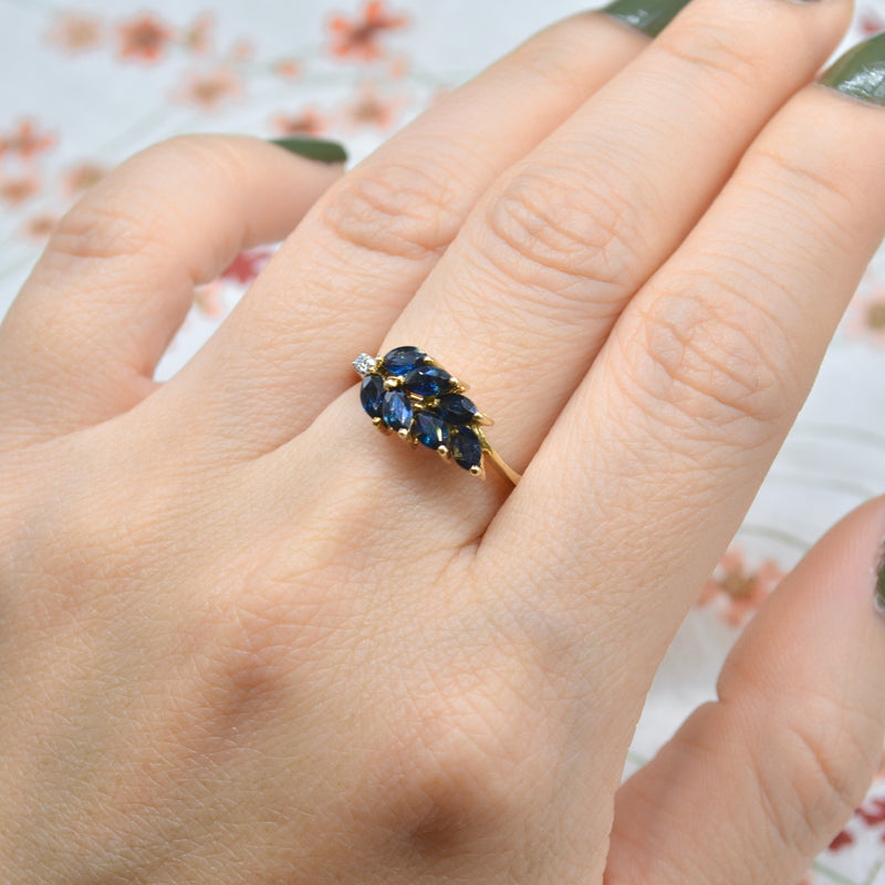 Vintage Blue Sapphire & Diamond Leaf Motif Ring