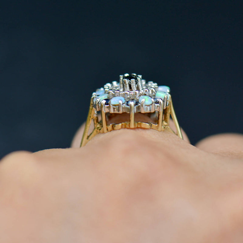 Vintage 9CT Yellow Gold Sapphire, Opal & Diamond Cluster Ring