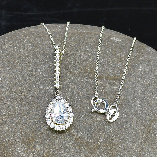 Silver Halo Style Tear Drop Pendant and necklaceCubic Zirconia Halo Pendant and Matching Sterling Silver Necklace