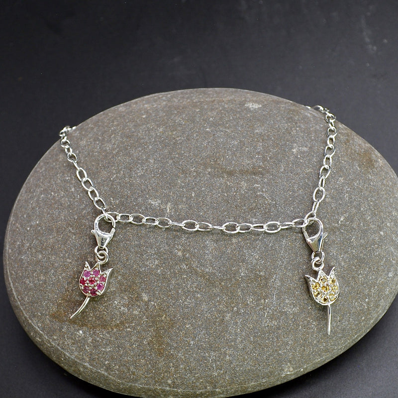 Ruby and Citrine Tulip Silver Charm Link Bracelet