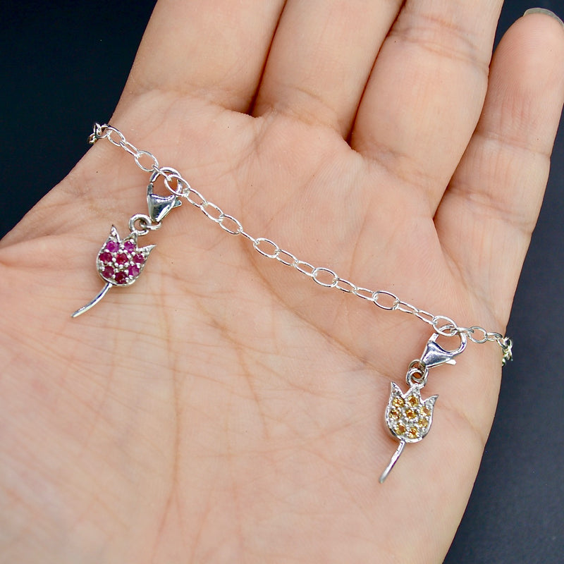 Ruby and Citrine Tulip Silver Charm Link Bracelet