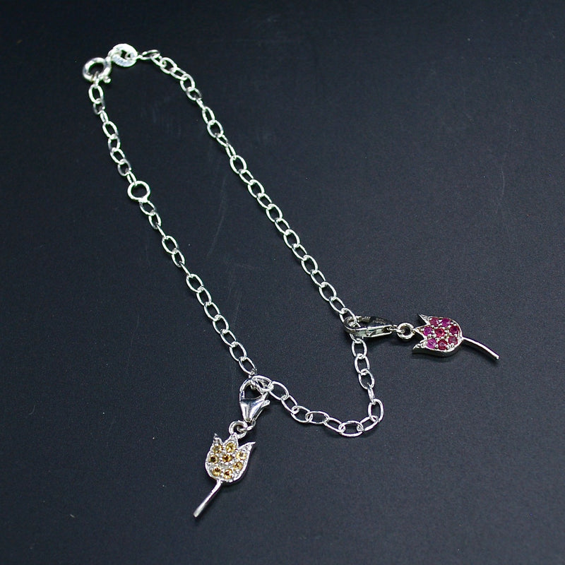 Ruby and Citrine Tulip Silver Charm Link Bracelet