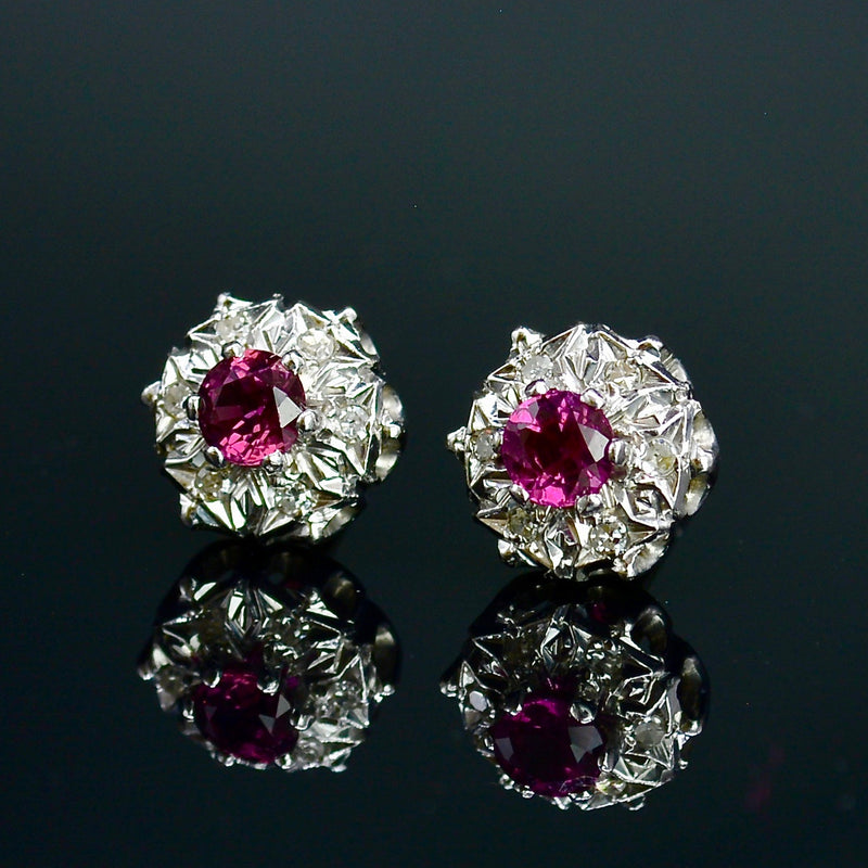 Ruby & Diamond Cluster Halo Stud Earrings