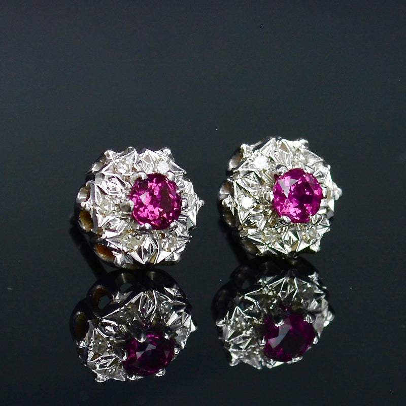 Ruby & Diamond Cluster Halo Stud Earrings