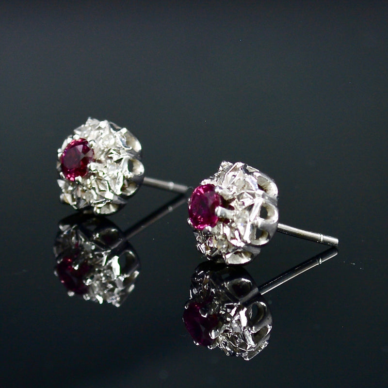 Ruby & Diamond Cluster Halo Stud Earrings