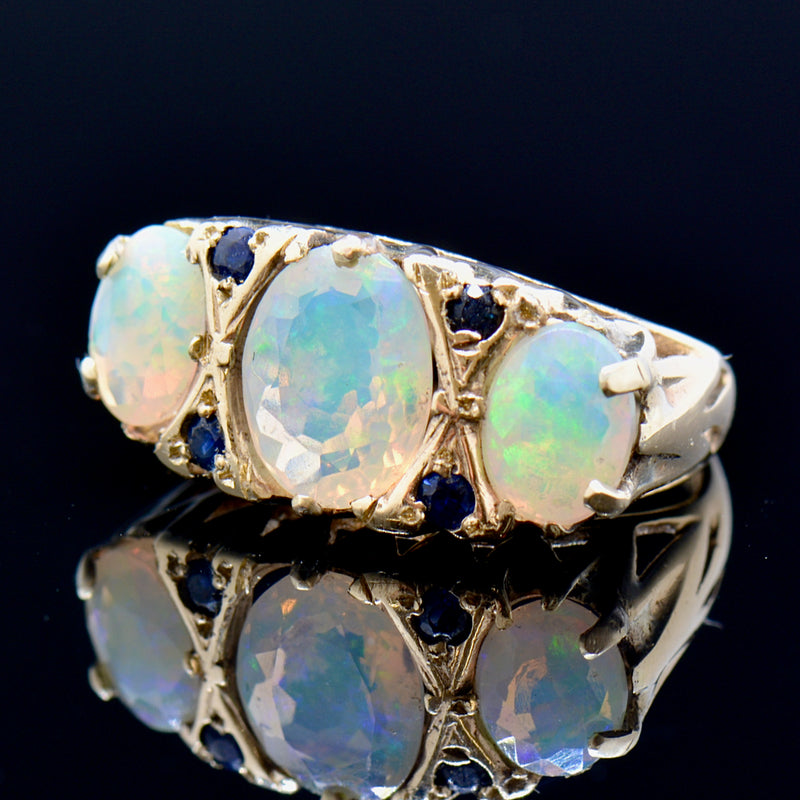 Large Vintage 9ct Yellow Gold Opal & Sapphire Gypsy Set Ring