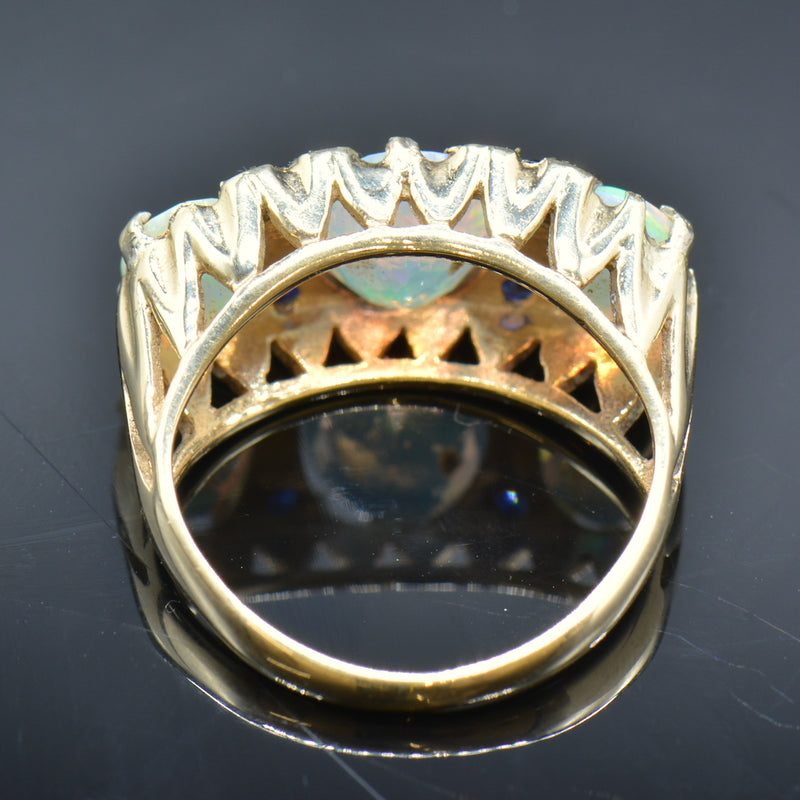 Large Vintage 9ct Yellow Gold Opal & Sapphire Gypsy Set Ring