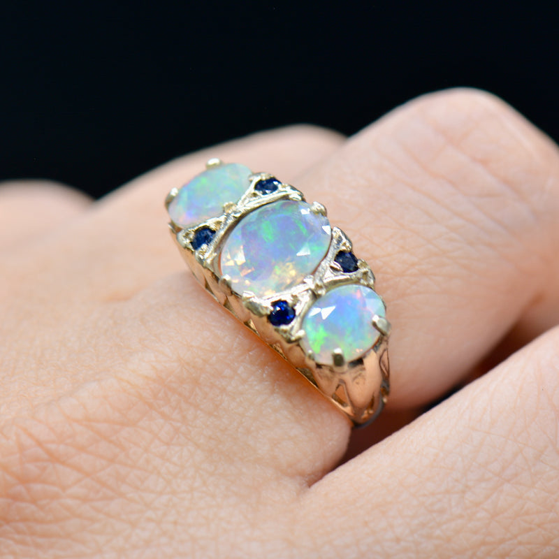 Large Vintage 9ct Yellow Gold Opal & Sapphire Gypsy Set Ring