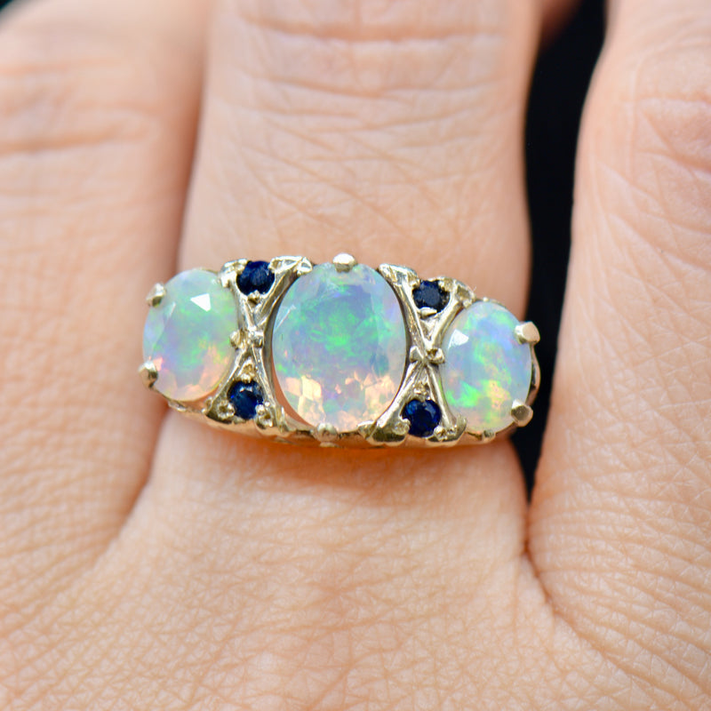 Large Vintage 9ct Yellow Gold Opal & Sapphire Gypsy Set Ring