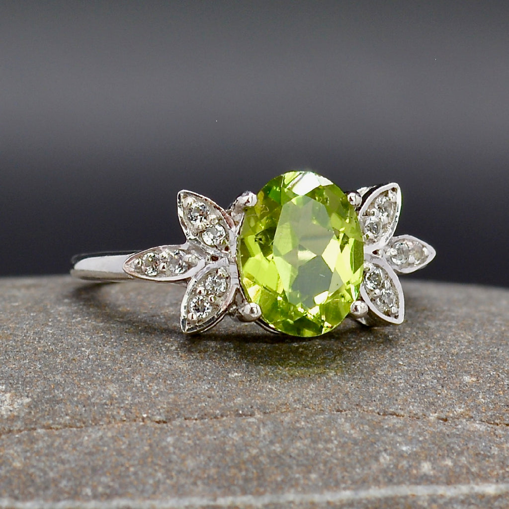 Certified Natural Peridot and White Topaz Sterling Silver Ring