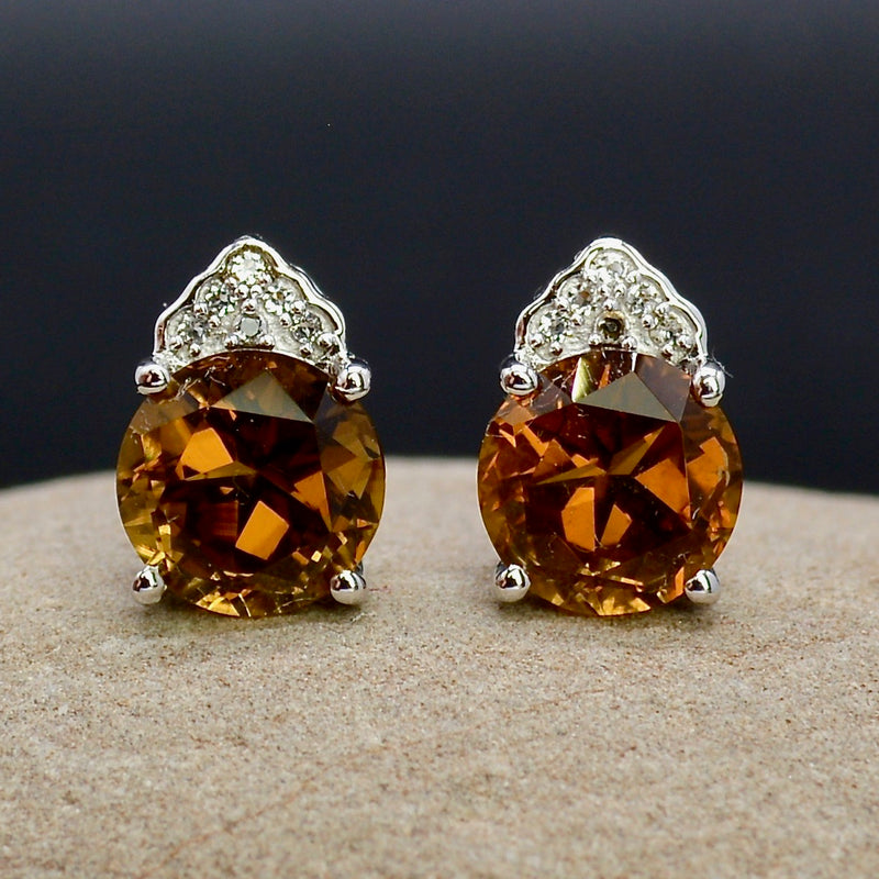 Cognac Quartz & White Topaz Sterling Silver Stud Earrings