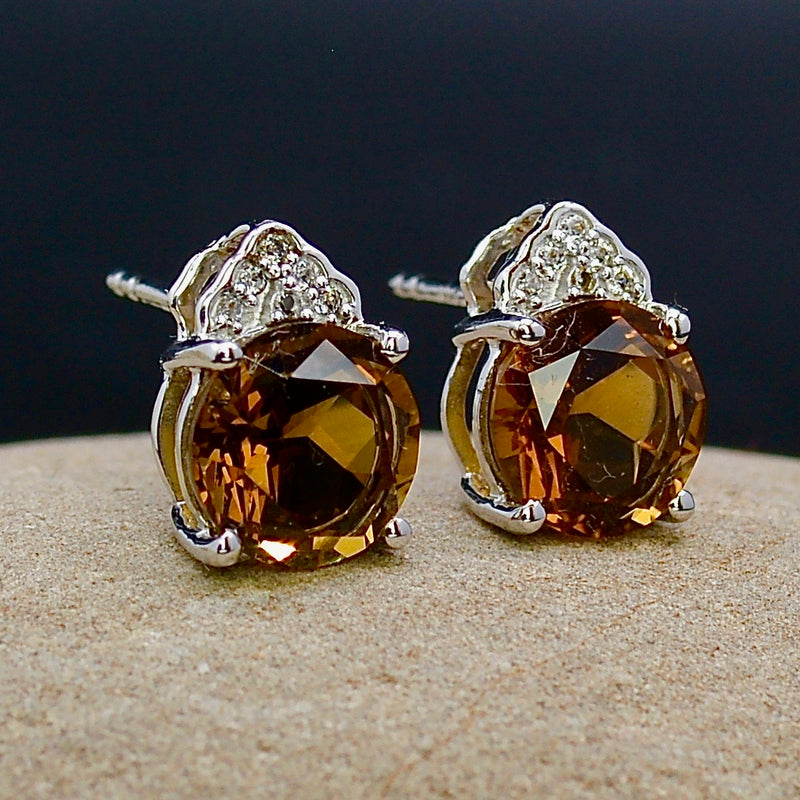 Cognac Quartz & White Topaz Sterling Silver Stud Earrings