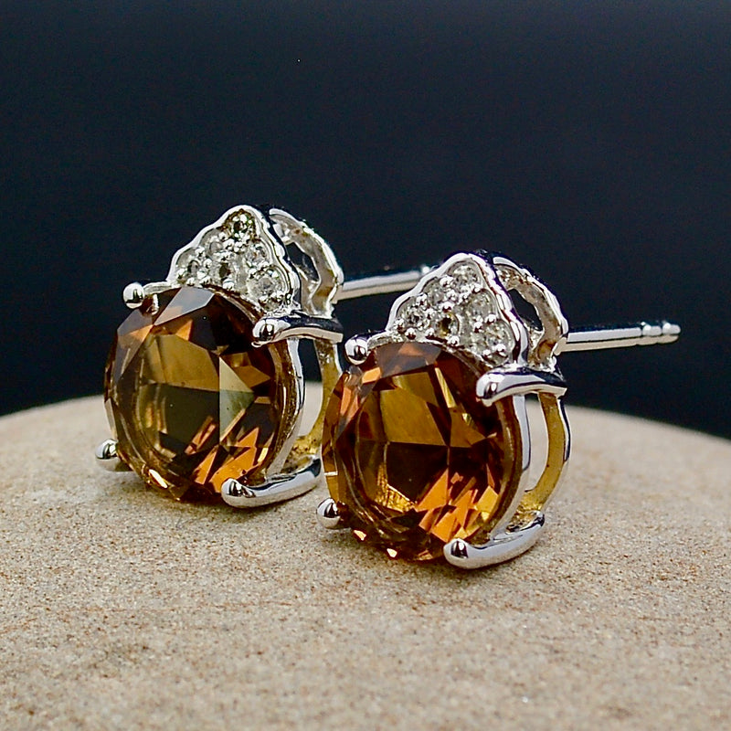 Cognac Quartz & White Topaz Sterling Silver Stud Earrings