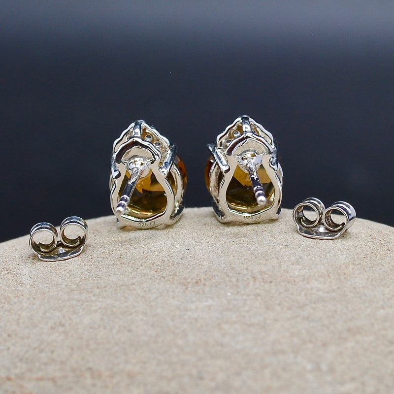 Cognac Quartz & White Topaz Sterling Silver Stud Earrings