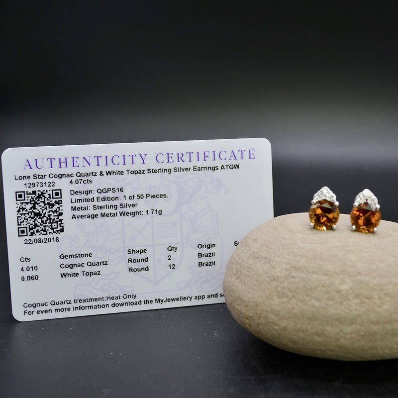 Cognac Quartz & White Topaz Sterling Silver Stud Earrings