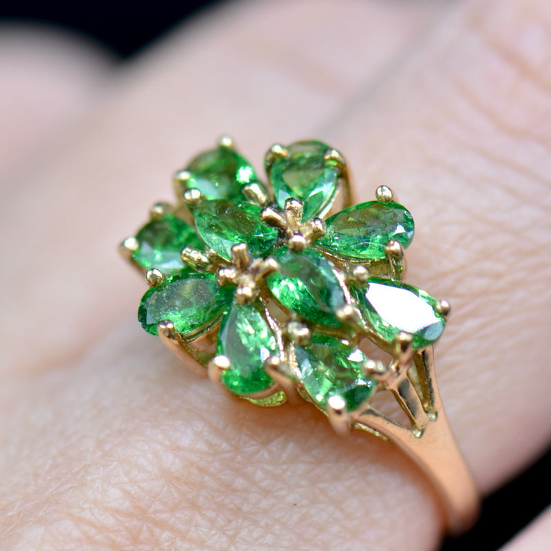 Tsavorite Garnet 9CT Yellow Gold Flower Cluster Ring