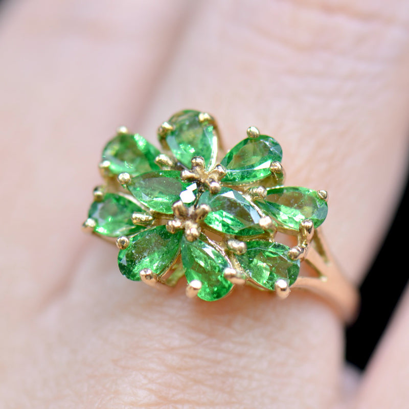 Tsavorite Garnet 9CT Yellow Gold Flower Cluster Ring