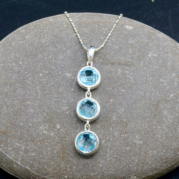 Swiss Blue Topaz Trilogy Sterling Silver Pendant & Chain