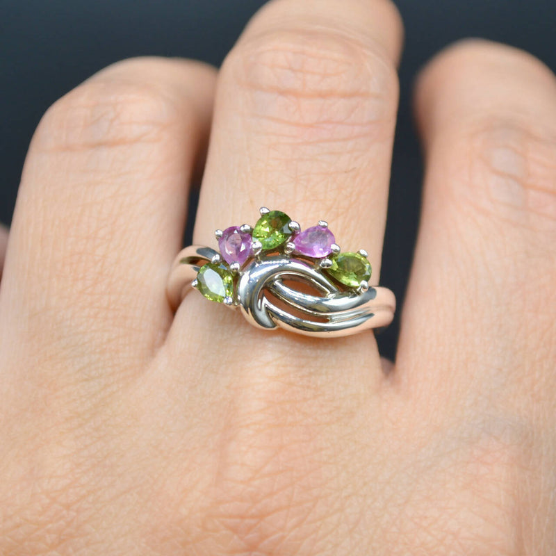 Vintage Pink and Green Topaz Wave Sterling Silver Ring