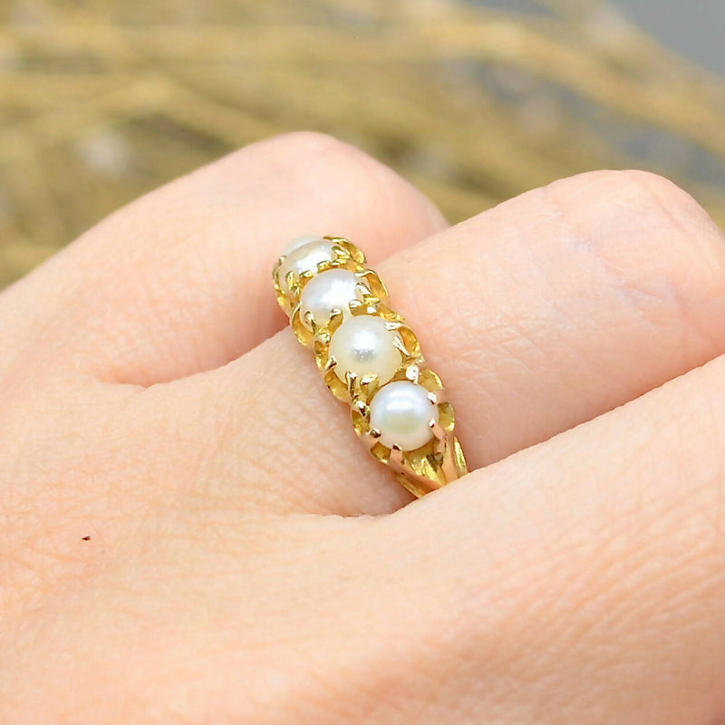 Antique 18ct Yellow Gold Five Pearls Half Hoop Ring