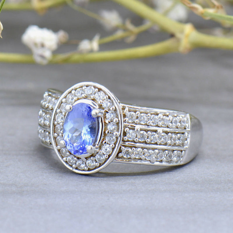 Tanzanite and White Zircons Silver Halo Three-Layer Design Ring