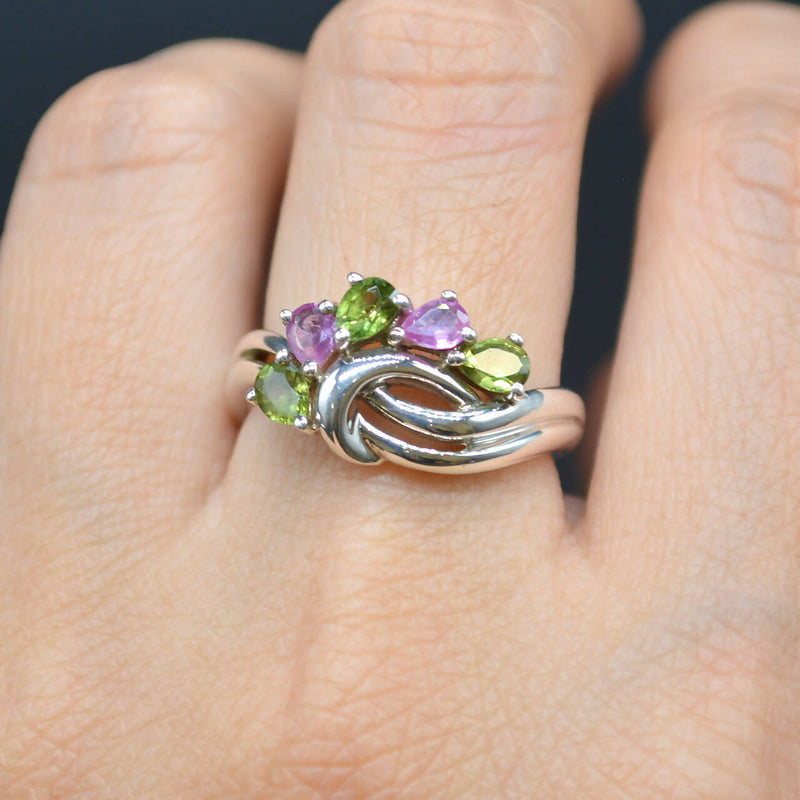 Vintage Pink and Green Topaz Wave Sterling Silver Ring