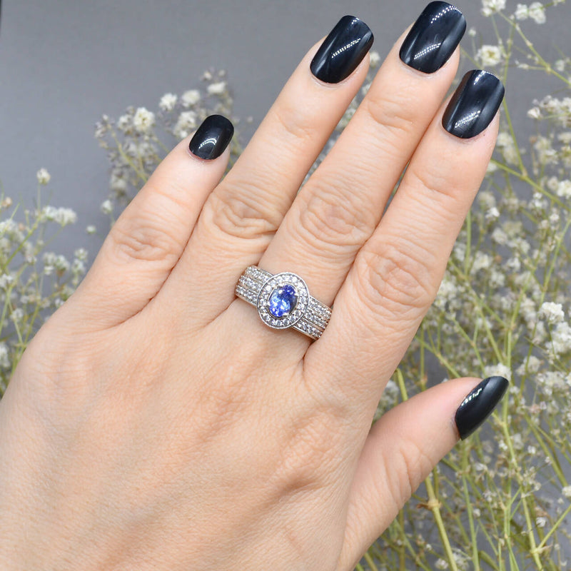 Tanzanite and White Zircons Silver Halo Three-Layer Design Ring