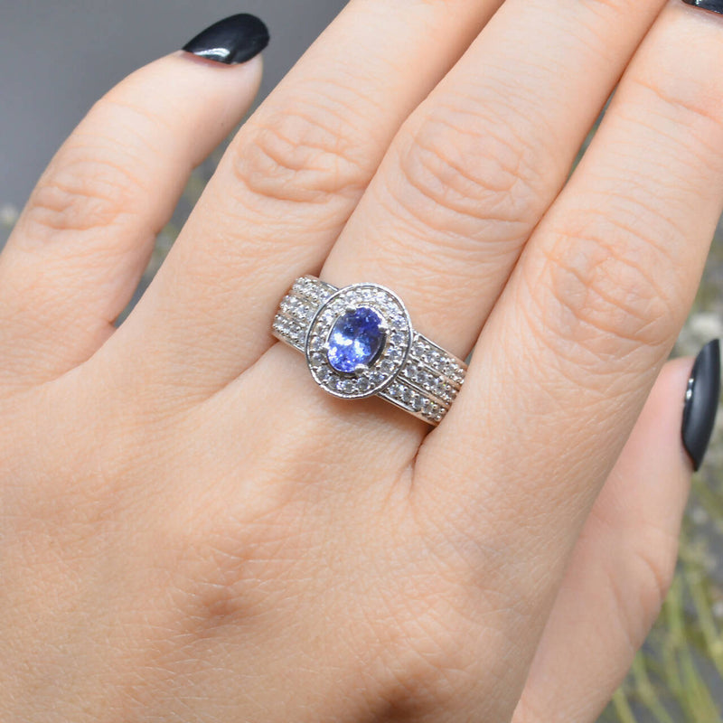 Tanzanite and White Zircons Silver Halo Three-Layer Design Ring