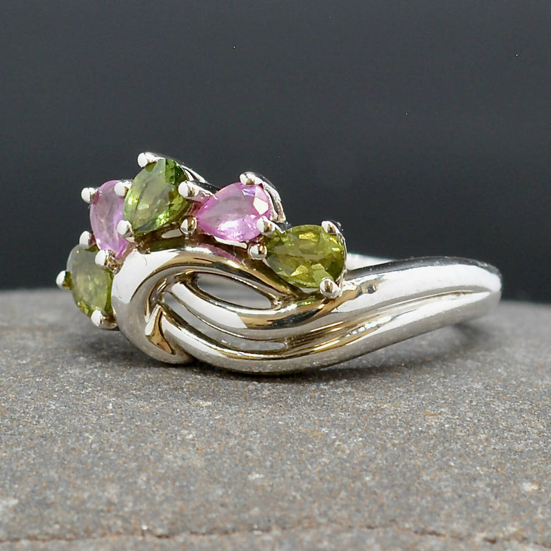 Vintage Pink and Green Topaz Wave Sterling Silver Ring