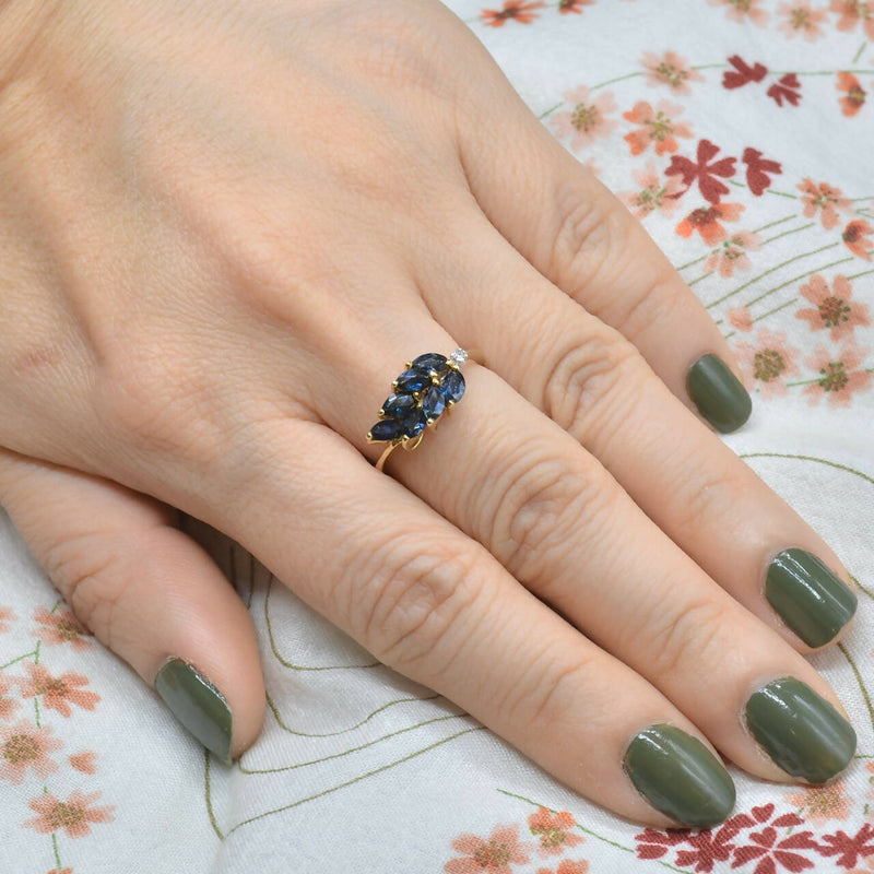 Vintage Blue Sapphire & Diamond Leaf Motif Ring