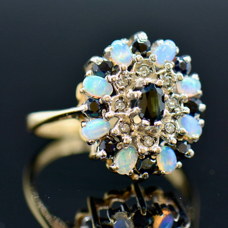 Vintage 9CT Yellow Gold Sapphire, Opal & Diamond Cluster Ring