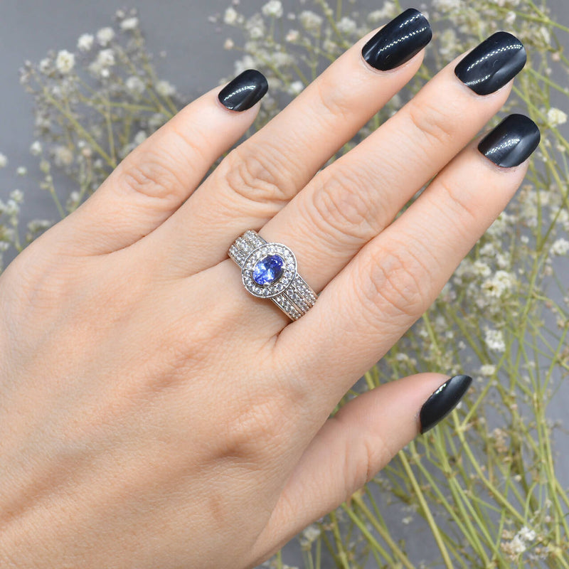 Tanzanite and White Zircons Silver Halo Three-Layer Design Ring